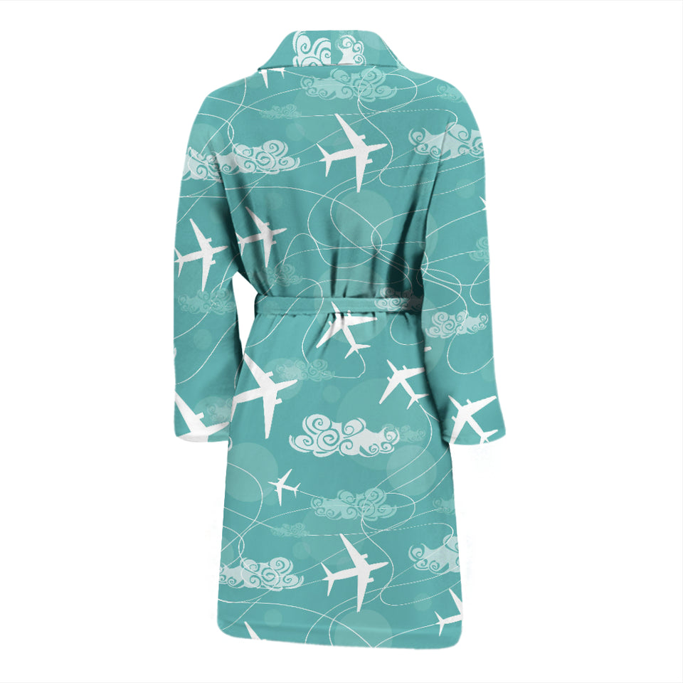 Airplane Cloud Pattern Green Background Men Bathrobe