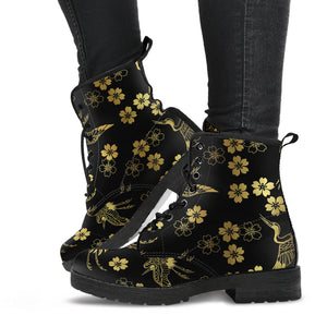 Gold Japanese Theme Pattern Leather Boots