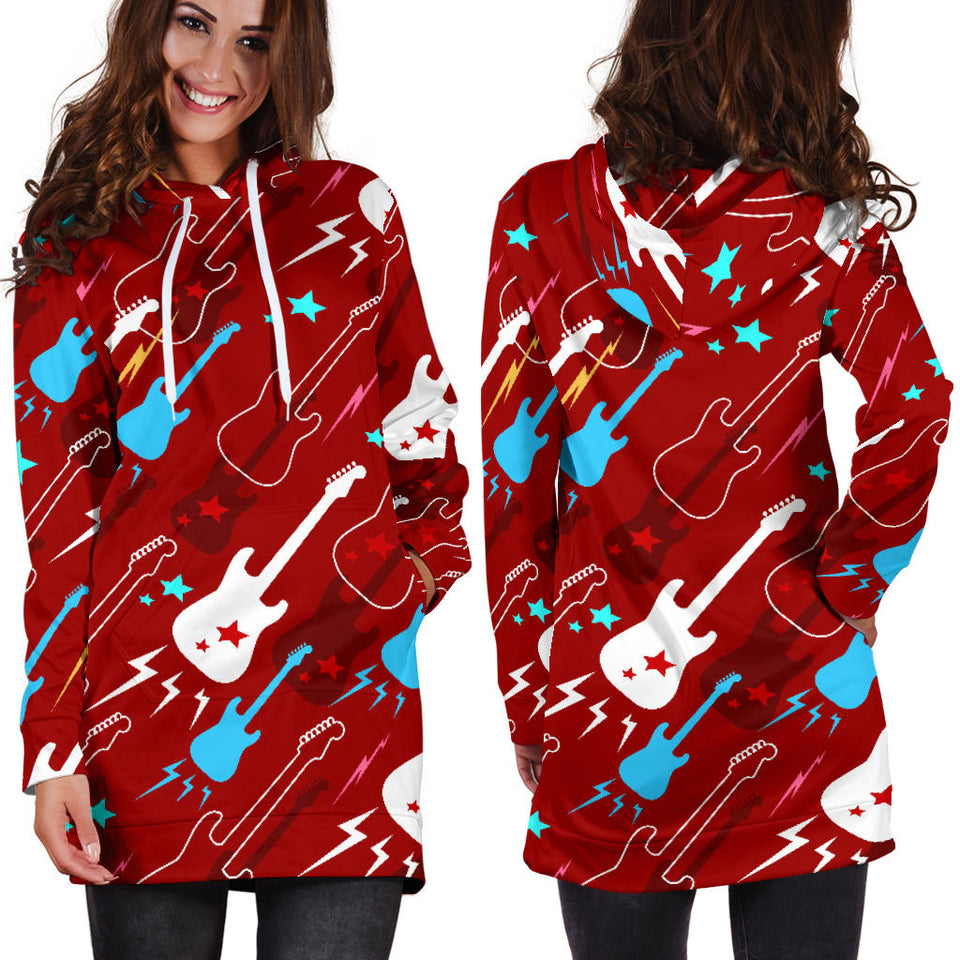 Electical Guitar Red Pattern Women Hoodie Dress