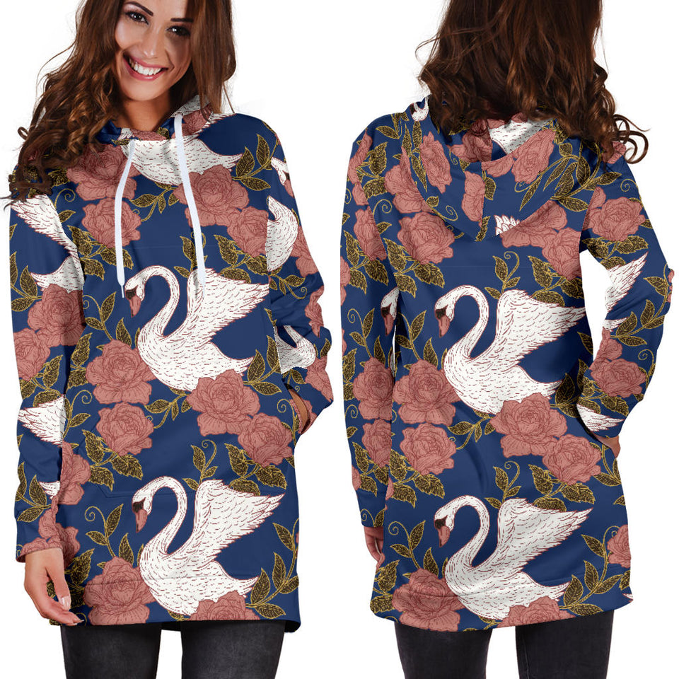 Swan Rose Pattern Women Hoodie Dress