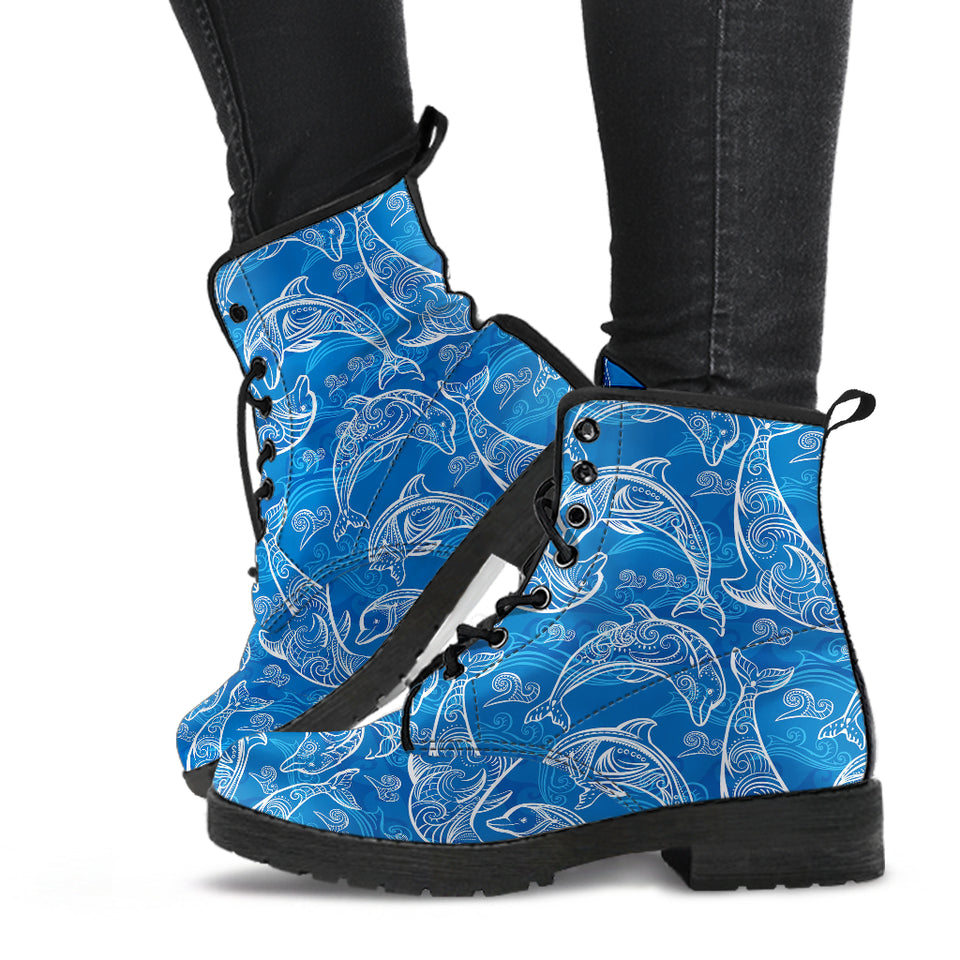 Dolphin Tribal Blue Pattern  Leather Boots