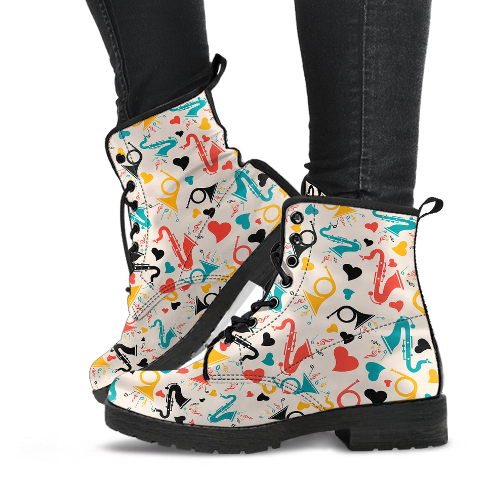 Saxophone Pattern Background Leather Boots