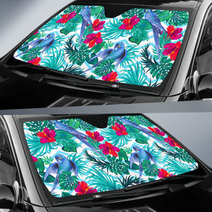 Blue Parrot Hibiscus Pattern Car Sun Shade