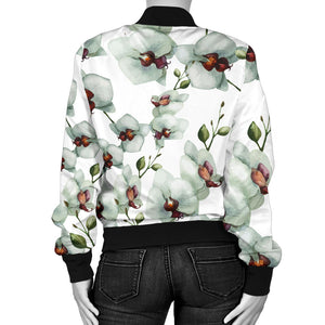 White Orchid Pattern Women Bomber Jacket