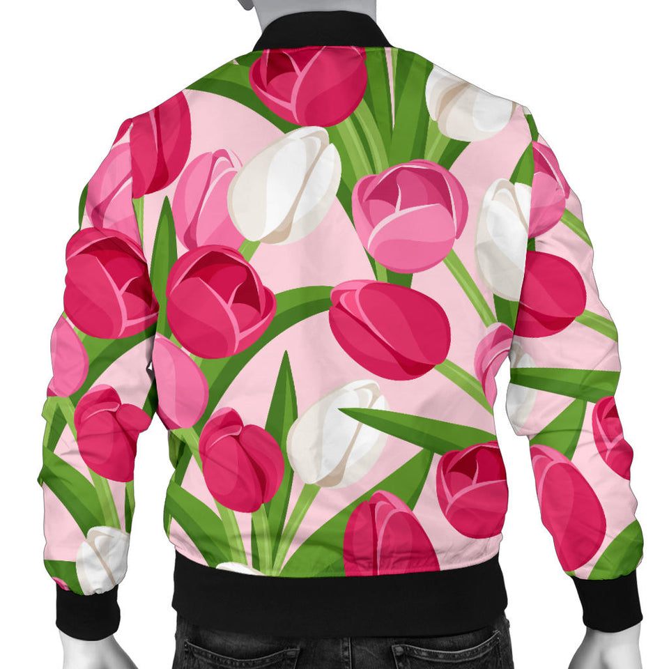 Pink White Tulip Pattern Men Bomber Jacket