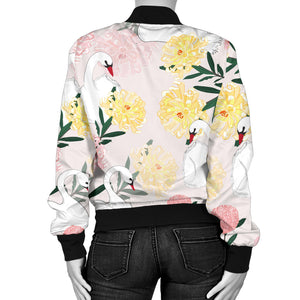 Swan Flower Pattern Women Bomber Jacket