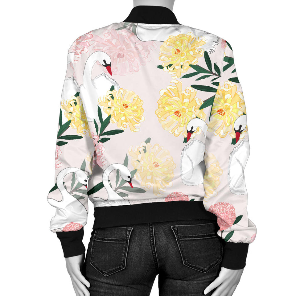 Swan Flower Pattern Women Bomber Jacket