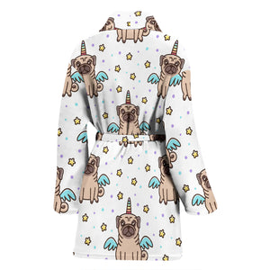 Unicorn Pug Pattern Women Bathrobe