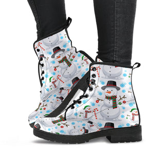 Snowman Pattern Background Leather Boots