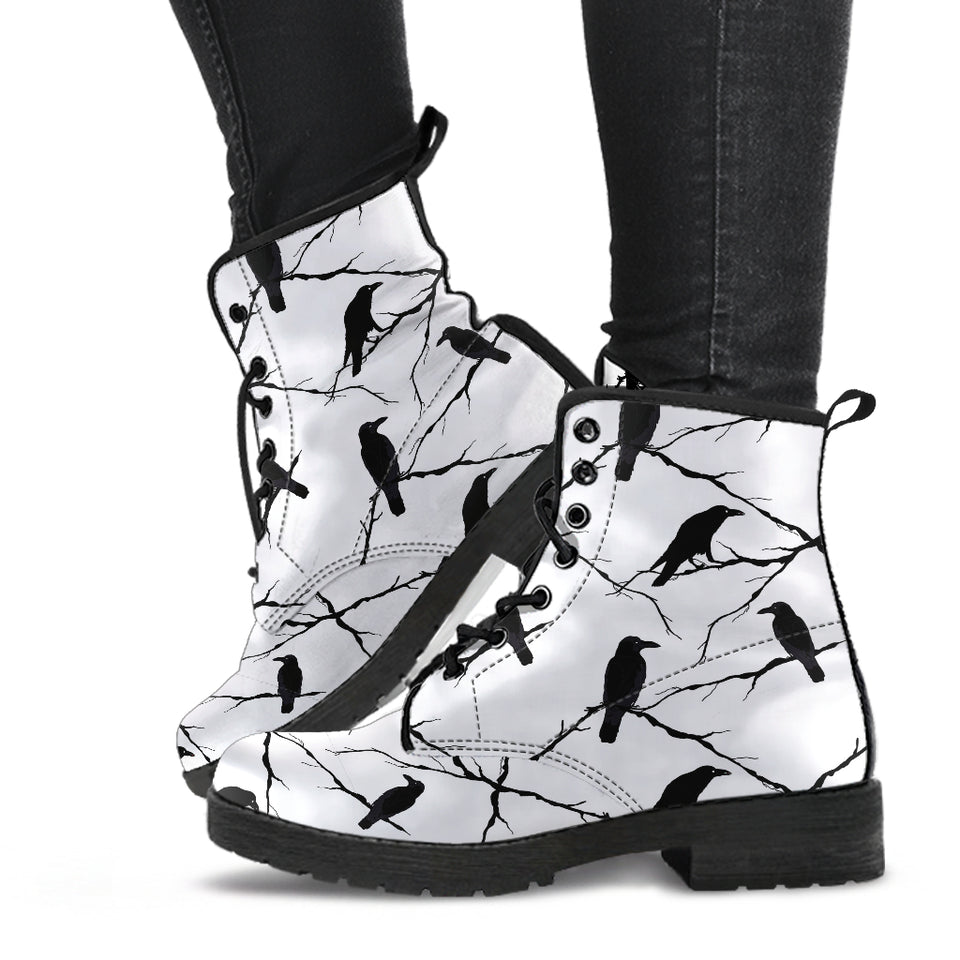 Crow Pattern Background Leather Boots