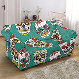 Suger Skull Pattern Green Background Loveseat Couch Slipcover