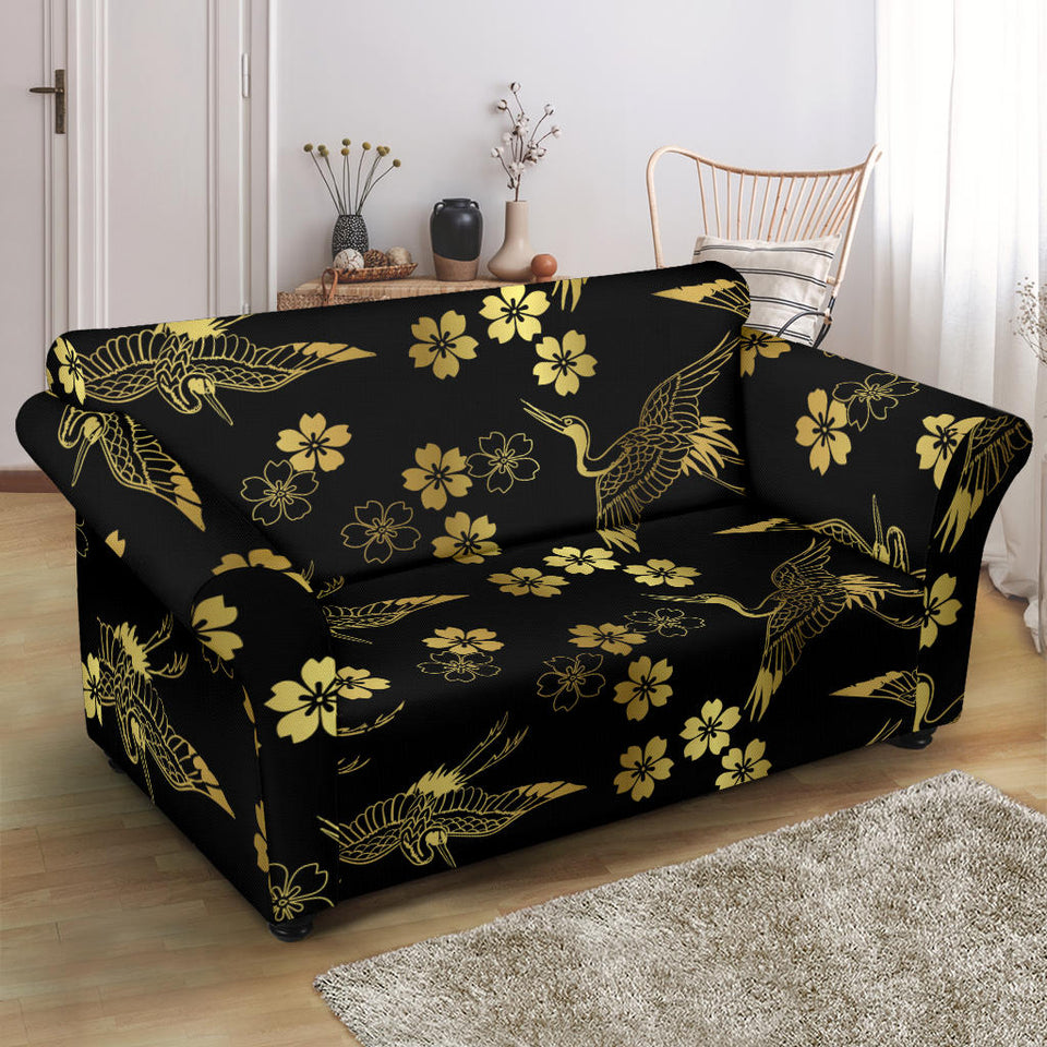 Gold Japanese Theme Pattern Loveseat Couch Slipcover