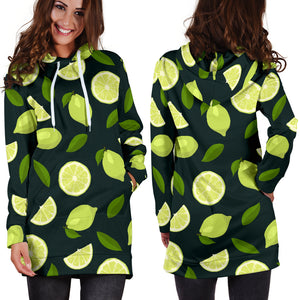 Lime Leaves Pattern Women Hoodie Dress