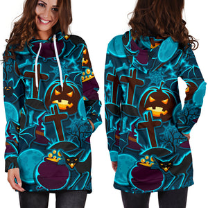 Halloween Pumpkin Cat Pattern Women Hoodie Dress