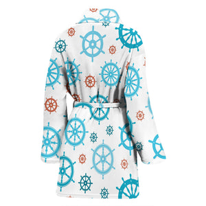 Nautical Steering Wheel Rudder Pattern Background Women Bathrobe