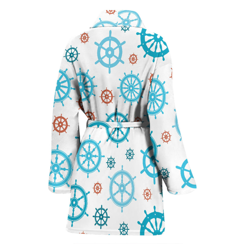 Nautical Steering Wheel Rudder Pattern Background Women Bathrobe