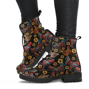 Rooster Chicken Flower Pattern Leather Boots