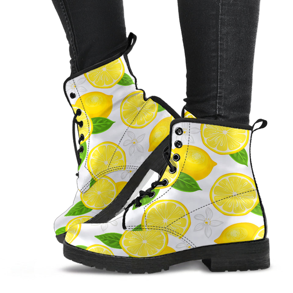 Lemon Flower Pattern Leather Boots