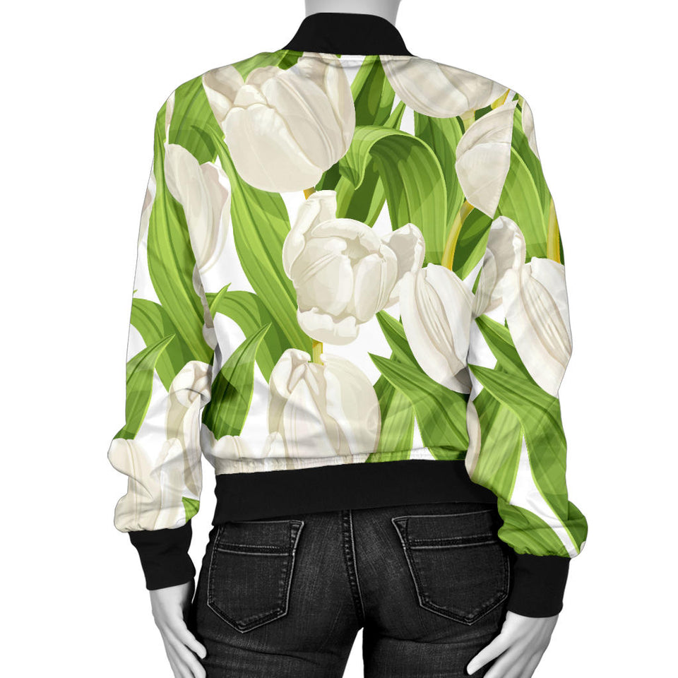 White Tulip Pattern Women Bomber Jacket