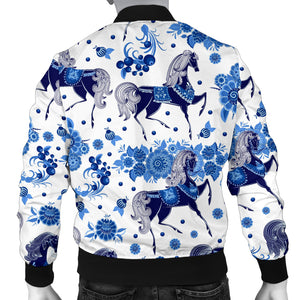 Horse Flower Blue Theme Pattern Men Bomber Jacket