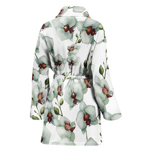 White Orchid Pattern Women Bathrobe