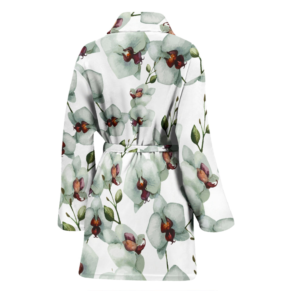 White Orchid Pattern Women Bathrobe