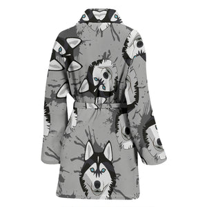 Siberian Husky Pattern Theme Women Bathrobe