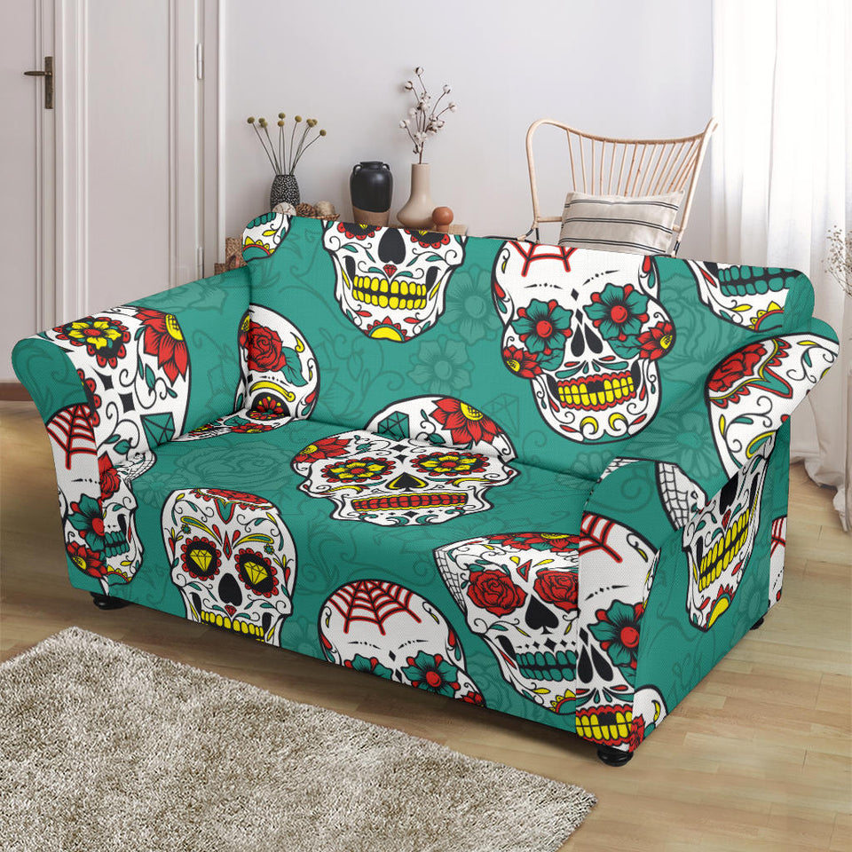 Suger Skull Pattern Green Background Loveseat Couch Slipcover