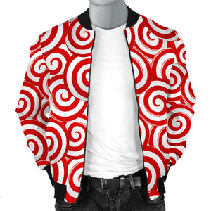 Red and White Candy Spiral Lollipops Pattern Men Bomber Jacket