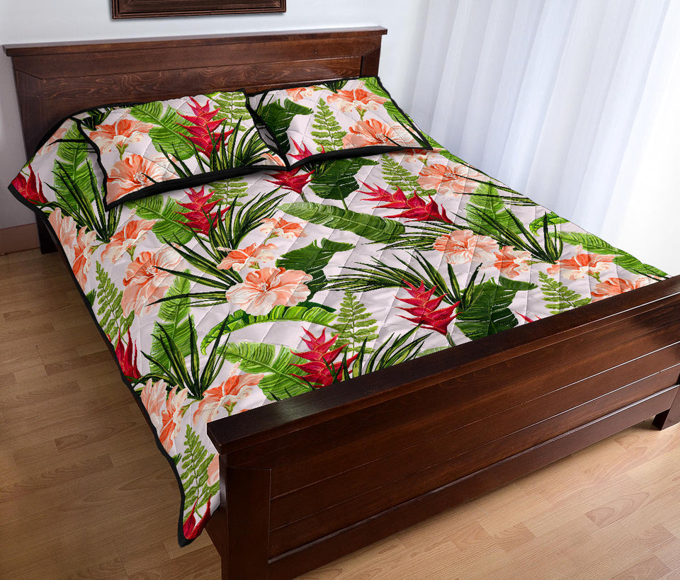 Heliconia Hibiscus Leaves Pattern Quilt Bed Set