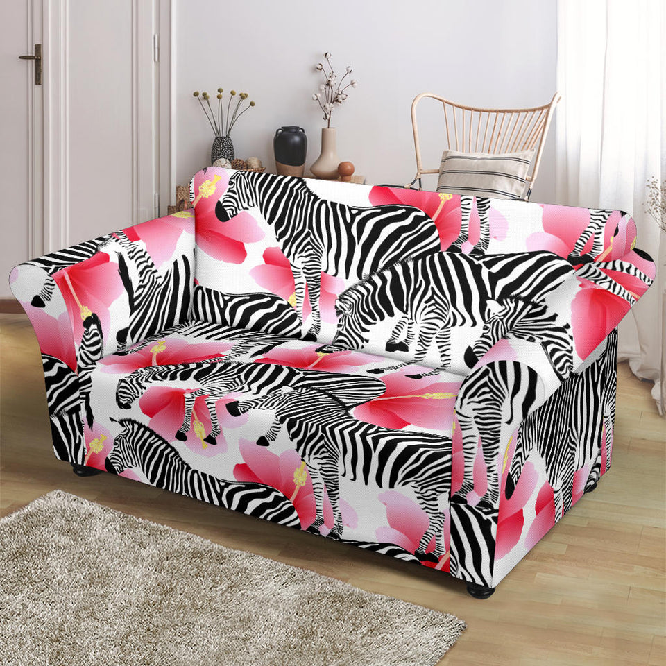 Zebra Red Hibiscus Pattern Loveseat Couch Slipcover