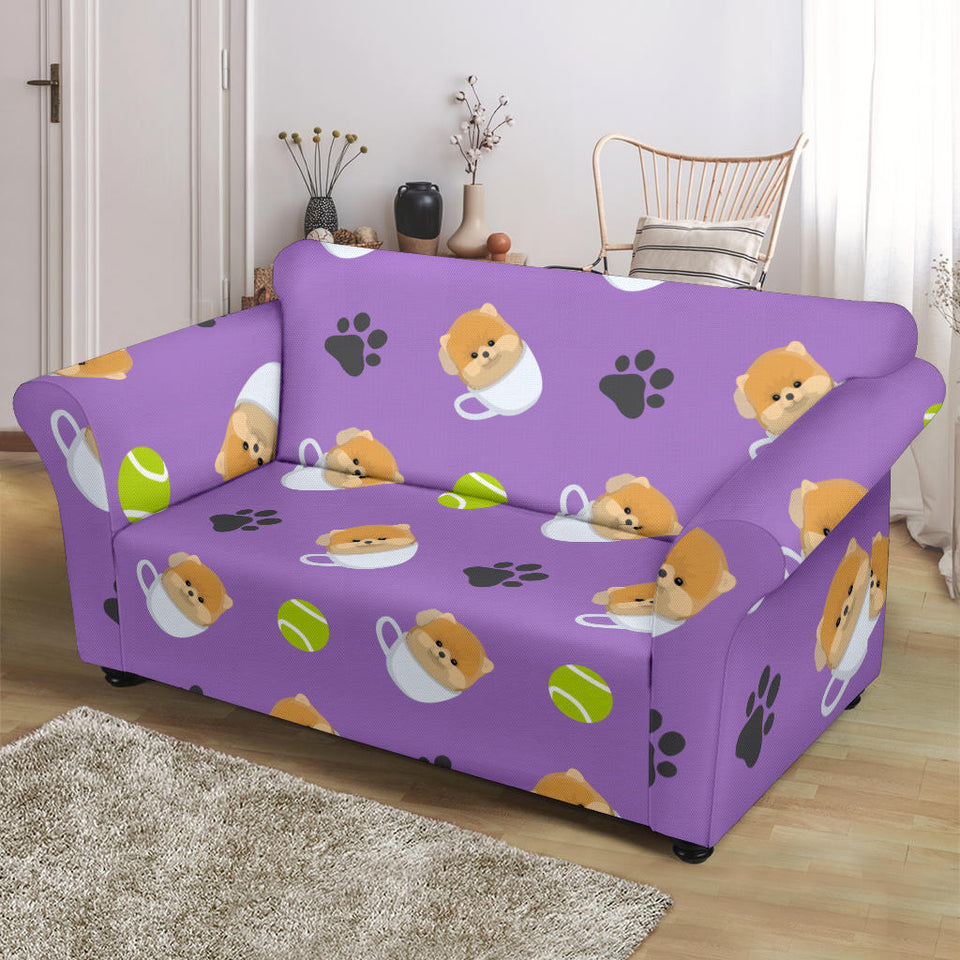 Pomeranian in Cup Pattern Loveseat Couch Slipcover