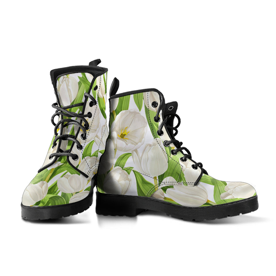 White Tulip Pattern Leather Boots