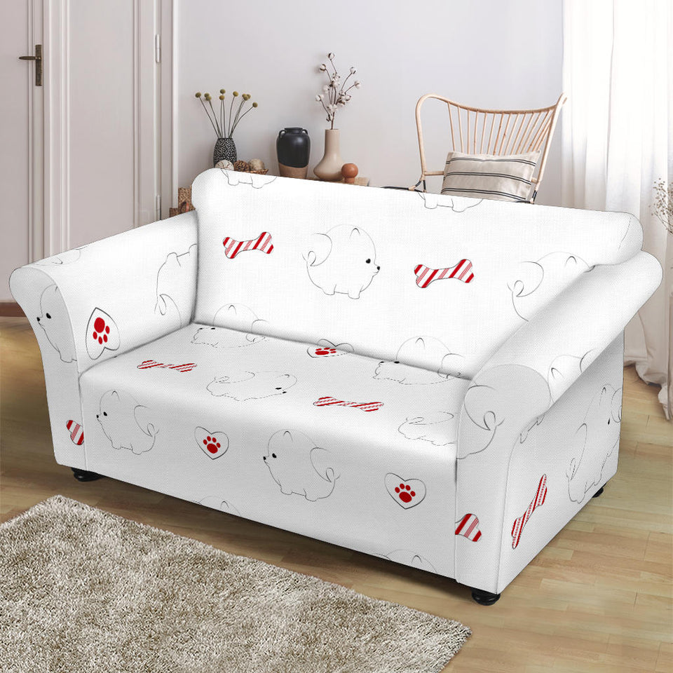 White Pomeranian Pattern Loveseat Couch Slipcover