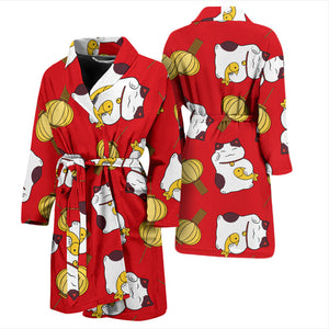 Meneki Neko Lucky Cat Pattern Red Theme Men Bathrobe