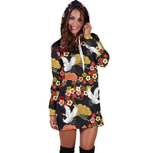 Japanese Crane Pattern Women Hoodie Dress