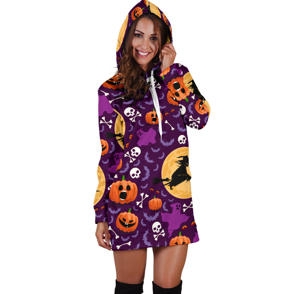 Halloween Pumpkin Witch Pattern Women Hoodie Dress