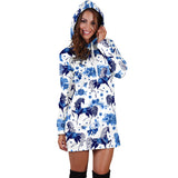 Horse Flower Blue Theme Pattern Women Hoodie Dress