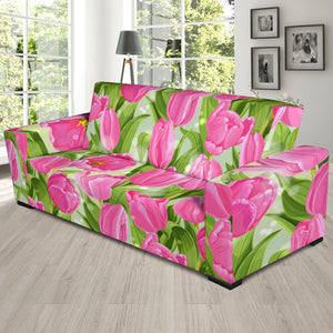 Pink Tulip Pattern Sofa Slipcover
