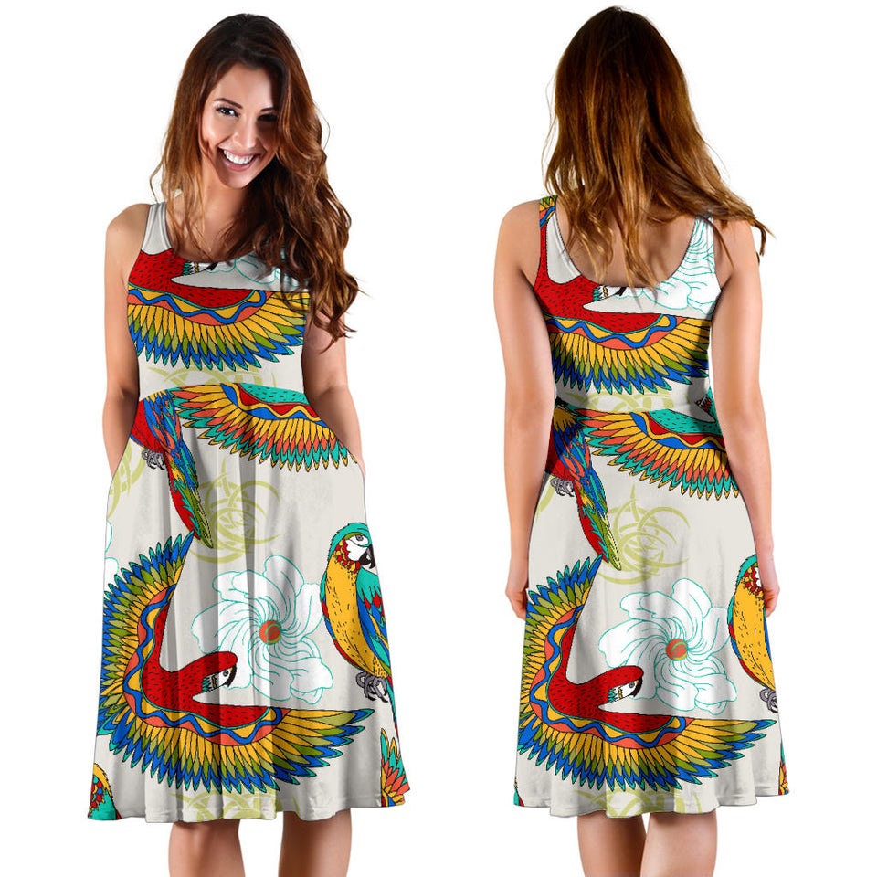 Parrot Flower Pattern Sleeveless Midi Dress