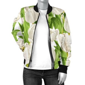 White Tulip Pattern Women Bomber Jacket