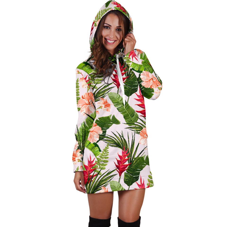 Heliconia Hibiscus Leaves Pattern Women Hoodie Dress