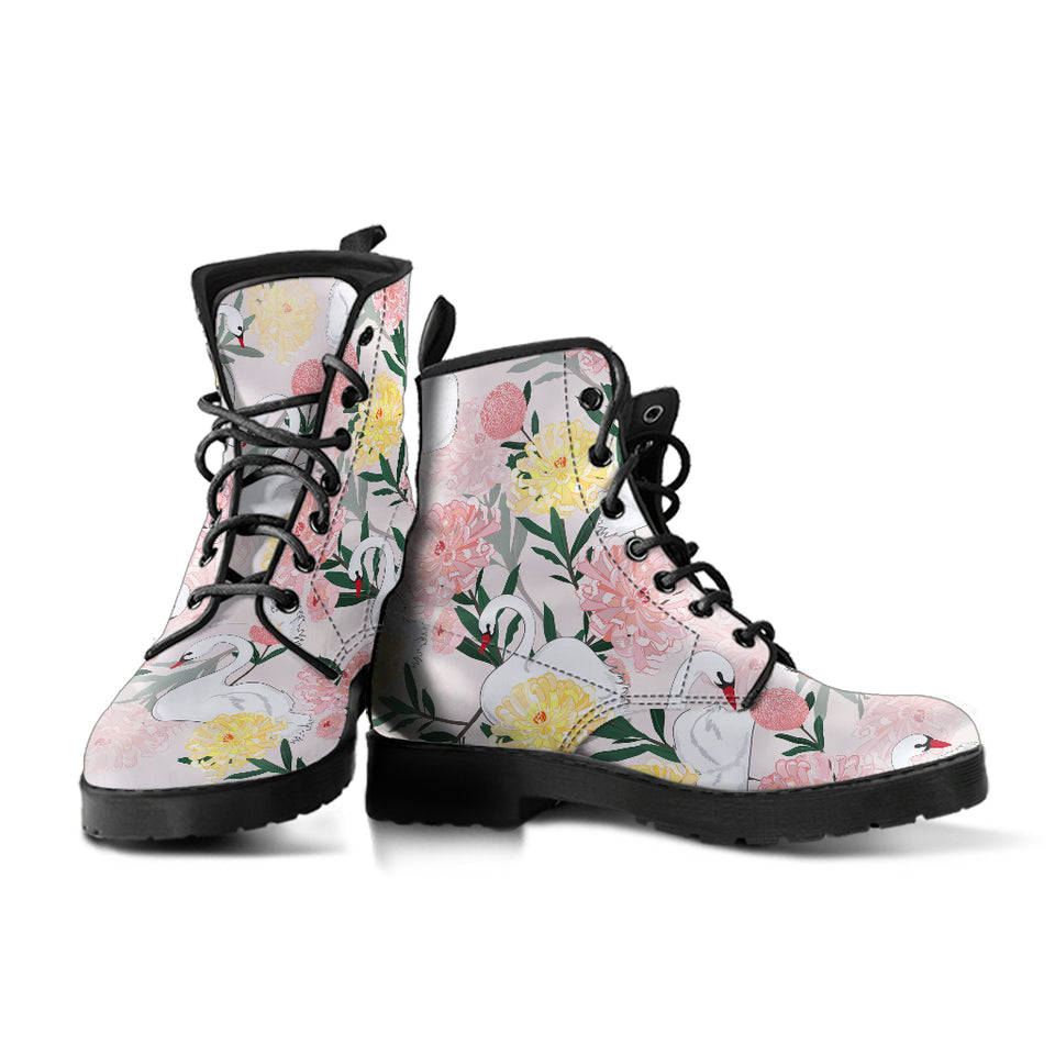 Swan Flower Pattern Leather Boots