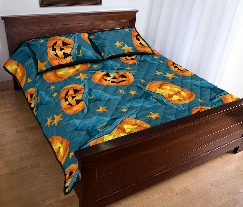 Halloween Pumpkin Witch Hat Pattern Quilt Bed Set