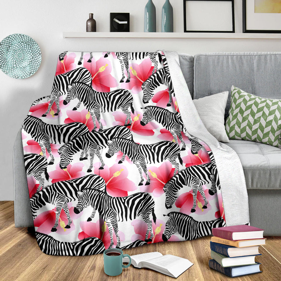 Zebra Red Hibiscus Pattern Premium Blanket