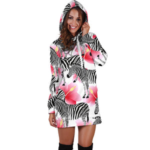 Zebra Red Hibiscus Pattern Women Hoodie Dress