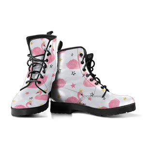 Pink Swan Pattern Leather Boots