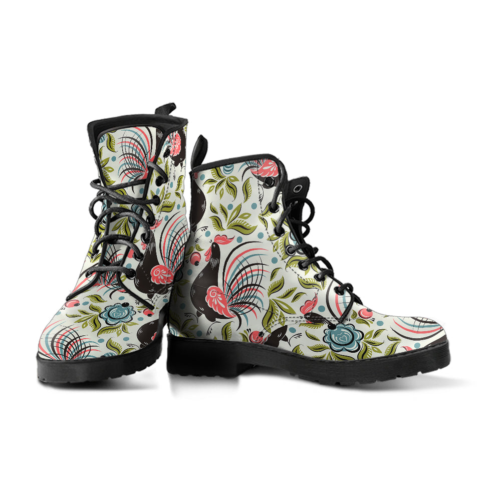 Rooster Chicken Leaves Pattern Leather Boots