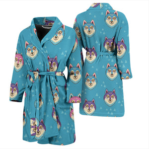 Siberian Husky Head Pattern Men Bathrobe