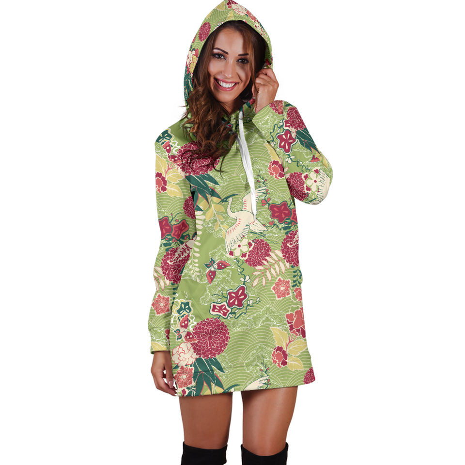 Japanese Crane Green Theme Pattern Women Hoodie Dress